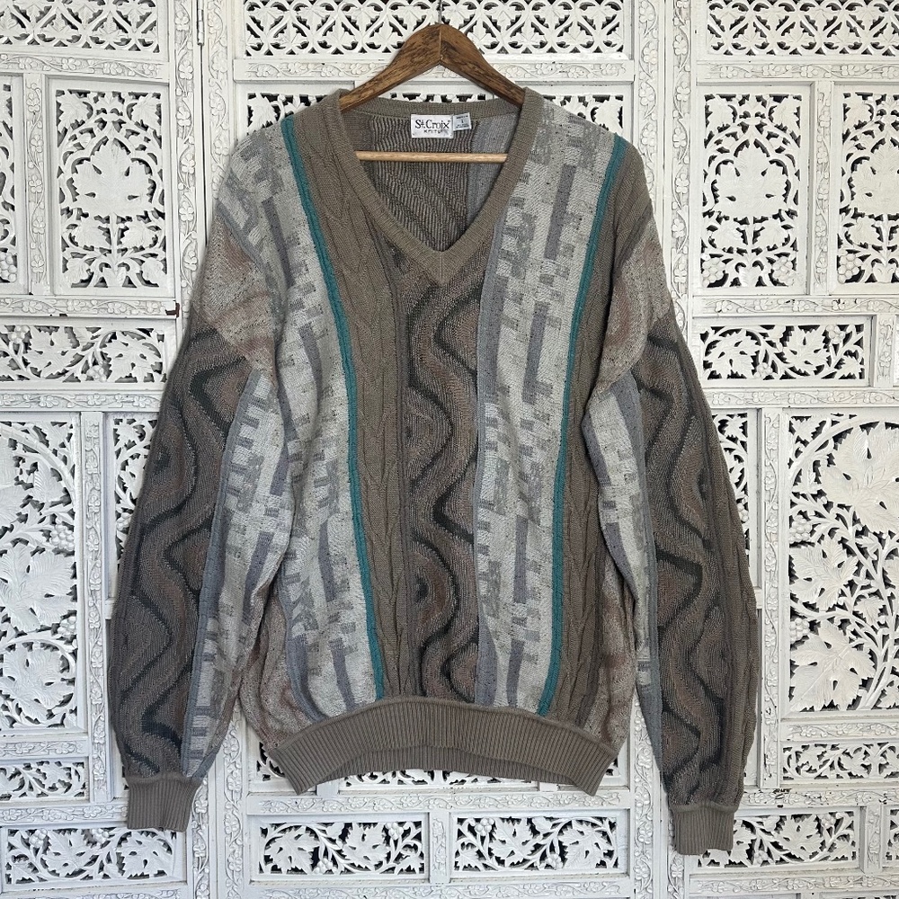 Vintage La‎ Croix Knits Neutral Earthy Boho Textured V Neck Sweater Sz Large